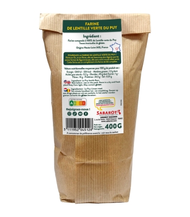 Légumes secs et lentilles - Farine de Lentille verte du Puy sachet 400g verso - Sabarot