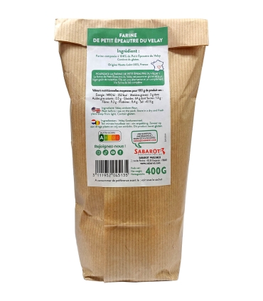 Céréales et graines - Farine de Petit Épeautre du Velay sachet 400g verso - Sabarot