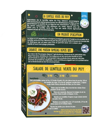 Légume secs et lentilles - Lentille verte du puy A.O.P France étui 450g verso - Sabarot