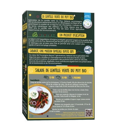 Légumes secs et lentilles - Lentille verte du puy A.O.P BIO France 500g verso - Sabarot