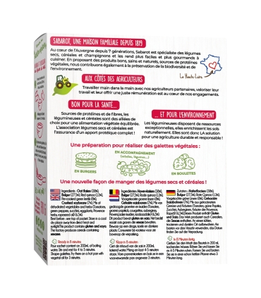 Cereals and seeds - Vegetable patties - Quinoa and bulgur with sun vegetables - 170g box back - Sabarot