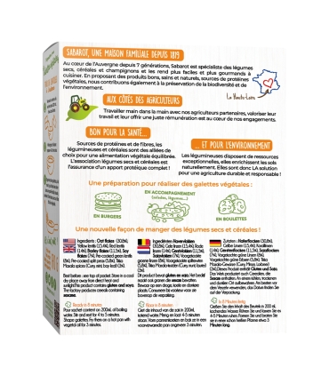 Dried vegetables and lentils - Vegetable patties - Indian-style Lentil Trio - 170g packaging back - Sabarot