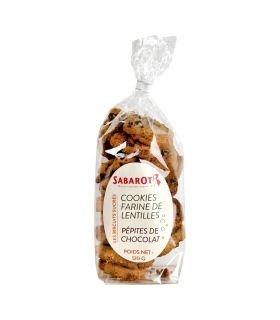 Épicerie sucrée - Cookies à la farine de Lentilles vertes du Puy et pépites de chocolat - Sachet 120g recto - Sabarot