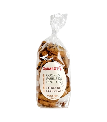 Épicerie sucrée - Cookies à la farine de Lentilles vertes du Puy et pépites de chocolat - Sachet 120g recto - Sabarot
