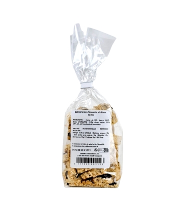 Épicerie salée - Biscuits apéritifs à la farine de Petit Épeautre du Velay et olives noires - Sachet 90g verso - Sabarot