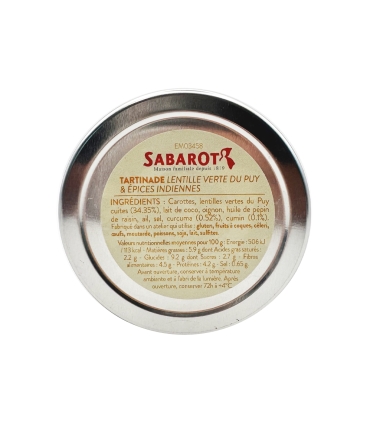 Épicerie & cadeaux - Apéritifs - Tartinade Lentille verte du Puy & épices indiennes 90g couvercle - Sabarot