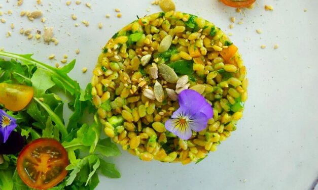 Salade de petit épeautre aux poivrons, pesto d’ail des ours et graines up’ salades