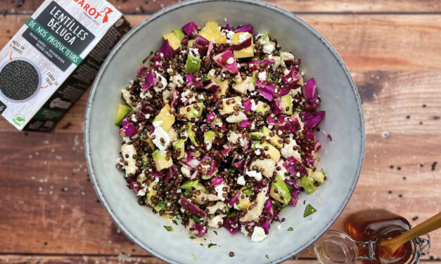 Beluga lentil, avocado, cabbage and feta salad