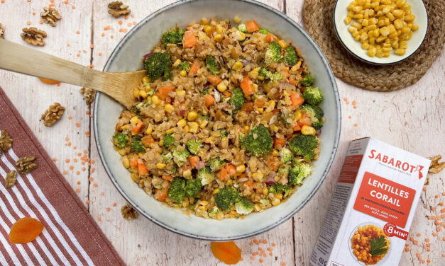 Coral lentil salad with colorful vegetables