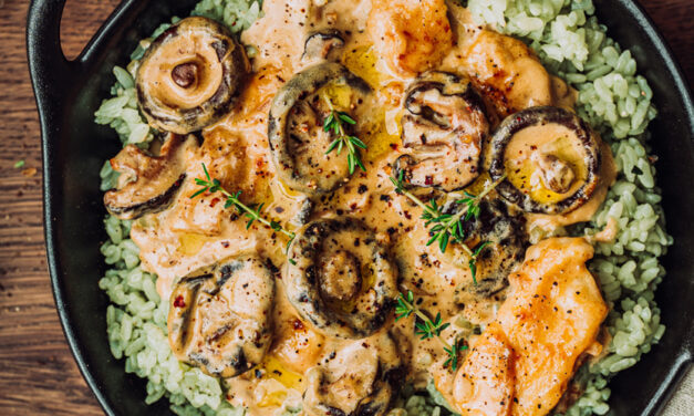 Creamy bamboo rice with chicken and roasted shiitake mushrooms
