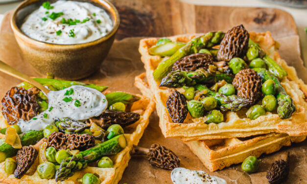 Amaranth, morel and green vegetable waffles
