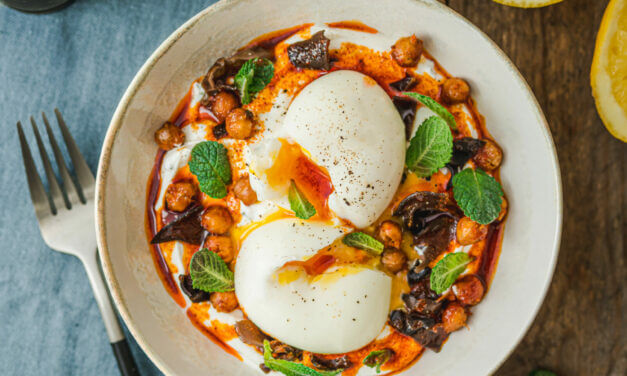 Turkish-style eggs with black mushrooms & crispy chickpeas