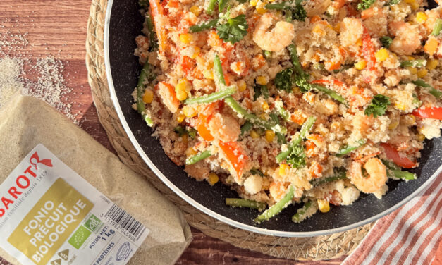 Poêlée de fonio aux crevettes et légumes du soleil