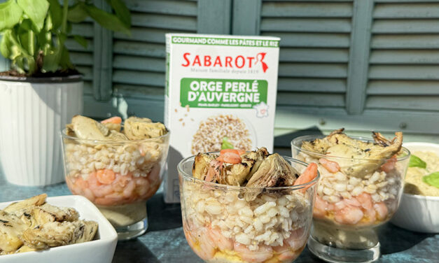 Verrines d&rsquo;orge perlé d&rsquo;Auvergne, crevettes et artichauts