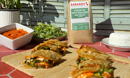 Wraps à la farine de Petit Épeautre du Velay, tartinade de poivrons, chèvre & herbes fraîches