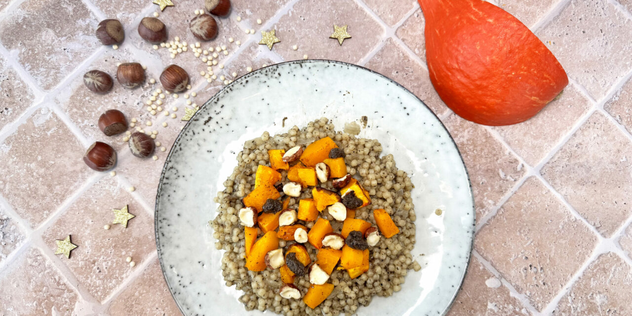 Perles de couscous au potiron rôti, tartufata et éclats de noisettes