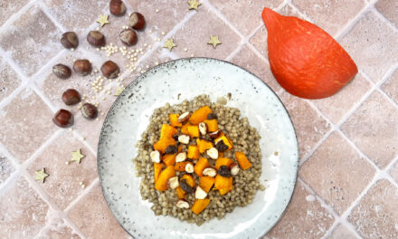 Perles de couscous au potiron rôti, tartufata et éclats de noisettes