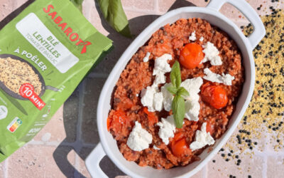 One pot mélange à poêler boulgour, lentilles, tomate et basilic