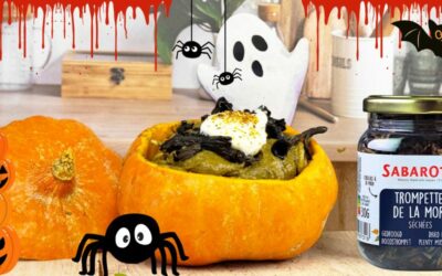 Potimarron farci aux spaghetti et à la sauce ténébreuse aux trompettes de la mort